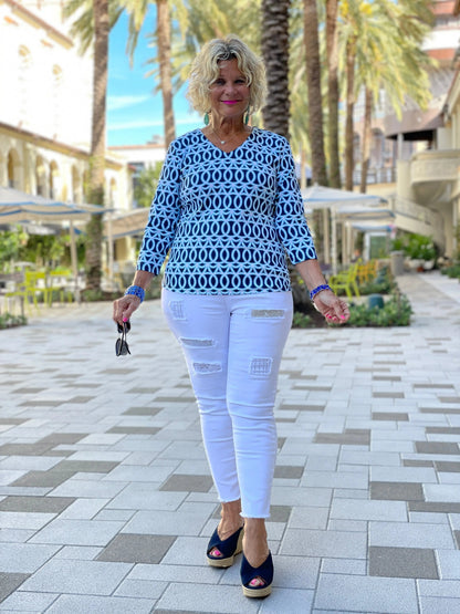 MELINA BLUE V NECK TOP