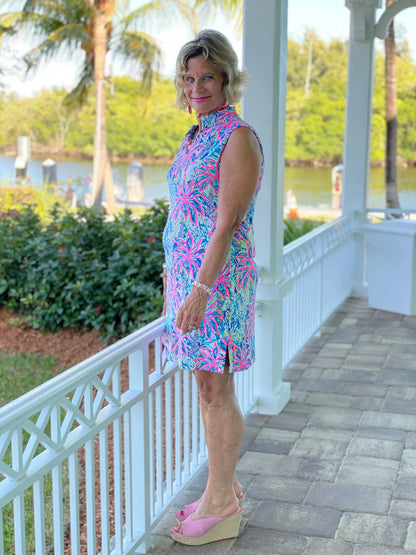 PINK PALM TREE BEACH COLLAR DRESS