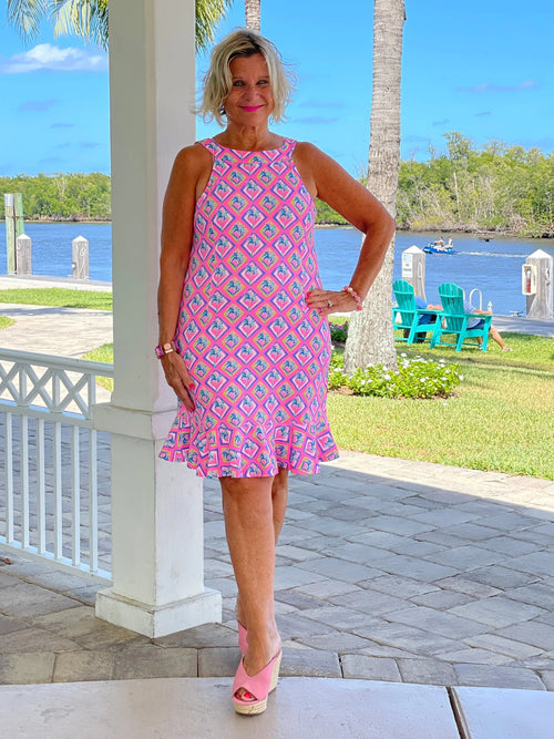 PALM TREE SIESTA HALTER RUFFLE DRESS