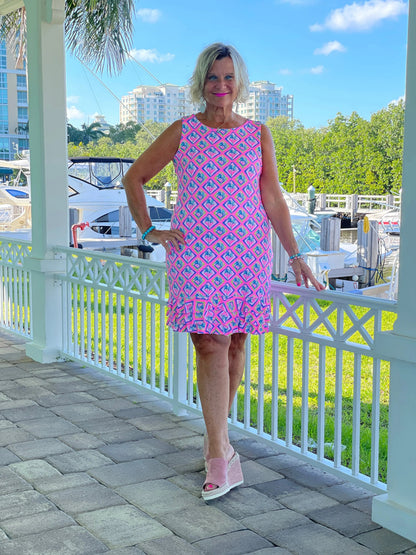 PALM TREE SIESTA SHIFT RUFFLE DRESS