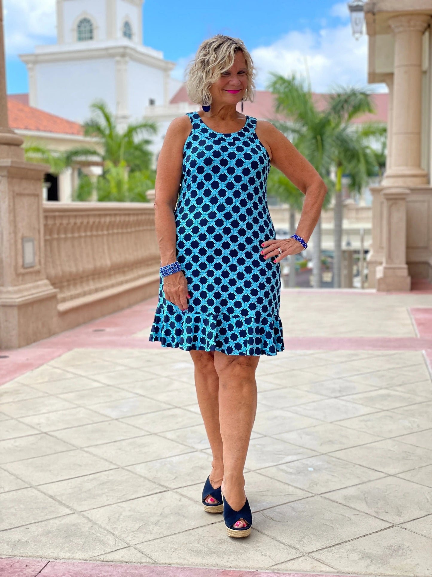 SEASIDE BLUE HALTER RUFFLE DRESS