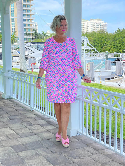 PALM TREE SIESTA RUFFLE SLEEVE DRESS