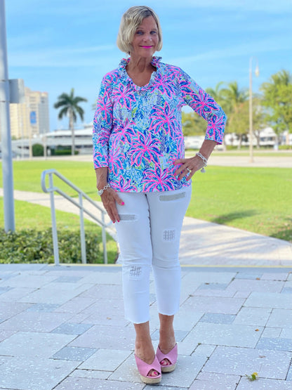 PINK PALM TREE 3/25 RUFFLE TOP