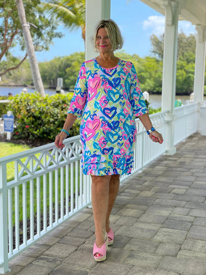 SECRET LOVE HEARTS RUFFLE SLEEVE DRESS