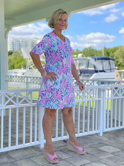 PINK PALM TREE ELBOW SLEEVE DRESS