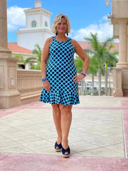 SEASIDE BLUE HALTER RUFFLE DRESS