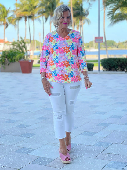 PALM BEACH FLOWER V NECK TOP