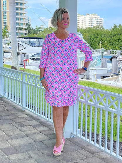 PALM TREE SIESTA RUFFLE SLEEVE DRESS