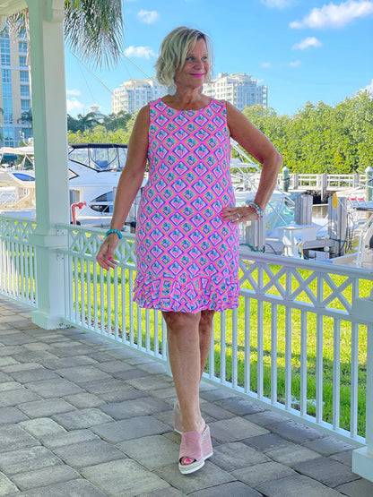 PALM TREE SIESTA SHIFT RUFFLE DRESS