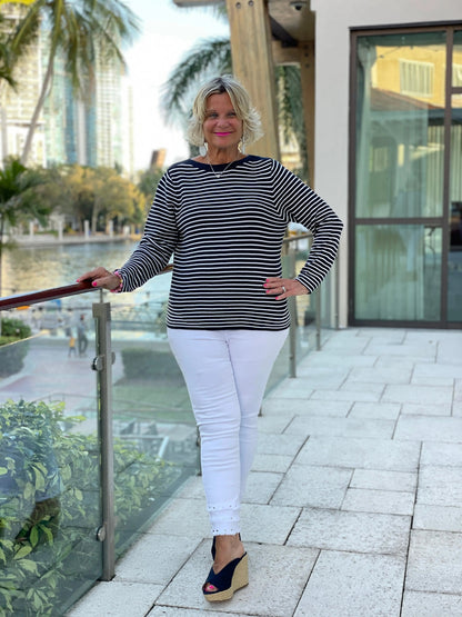 NAVY STRIPE BOATNECK SWEATER