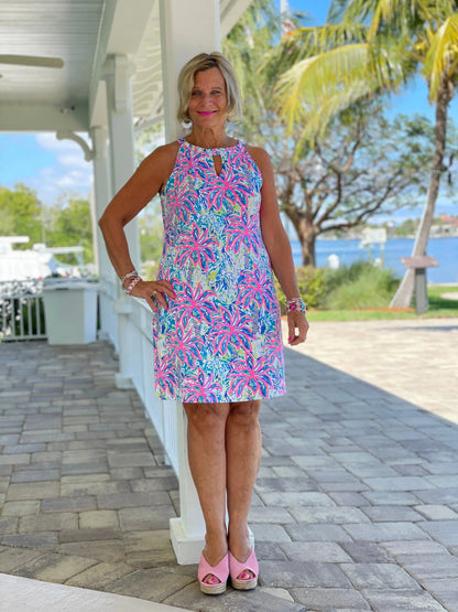 PINK PALM TREE BEACH KEYHOLE DRESS