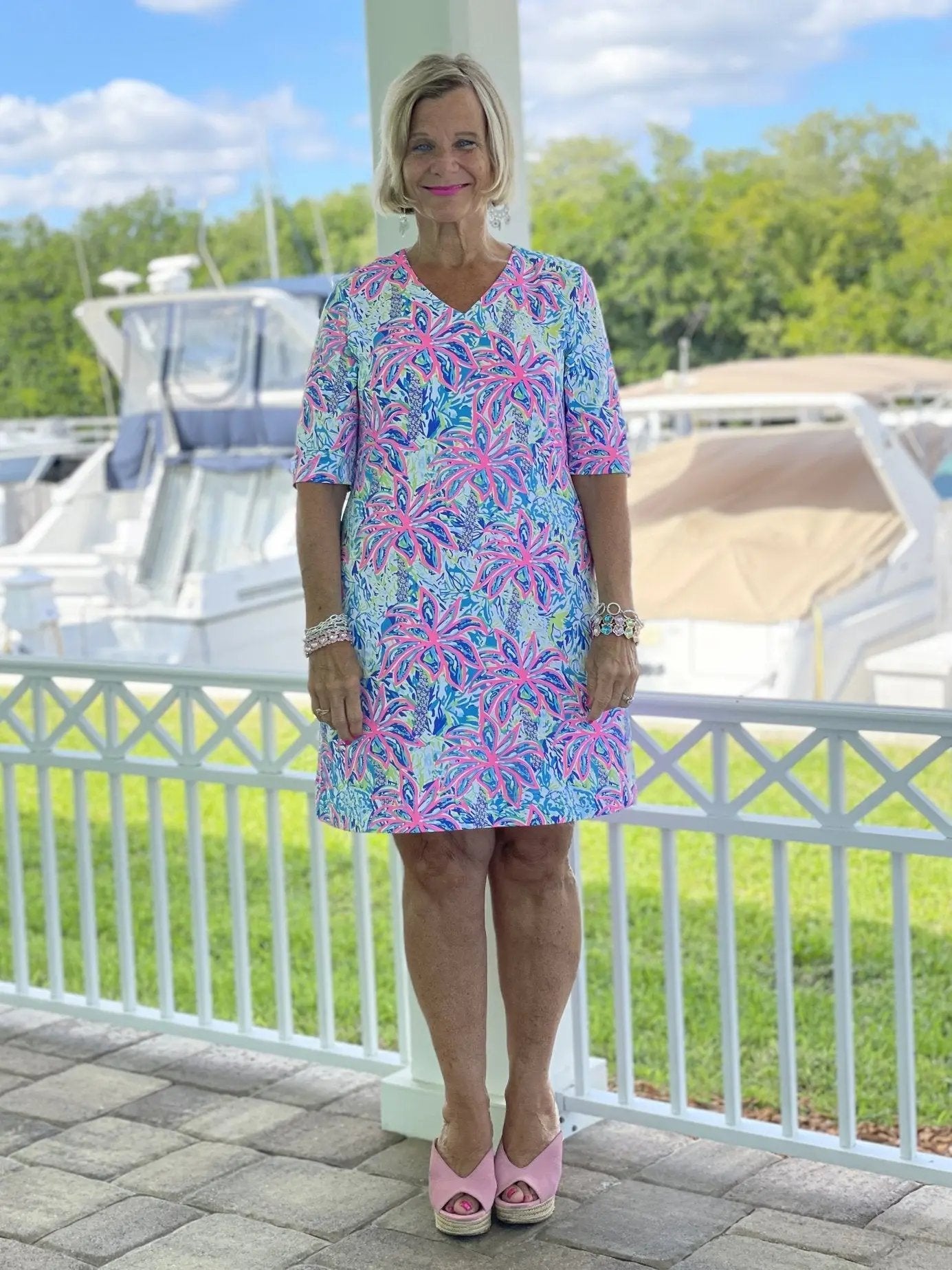 PINK PALM TREE ELBOW SLEEVE DRESS