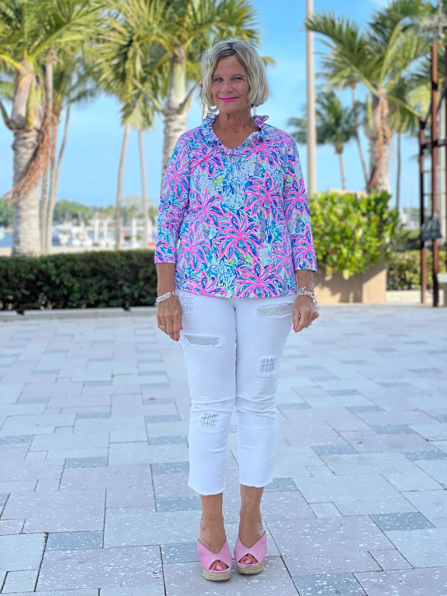 PINK PALM TREE 3/25 RUFFLE TOP