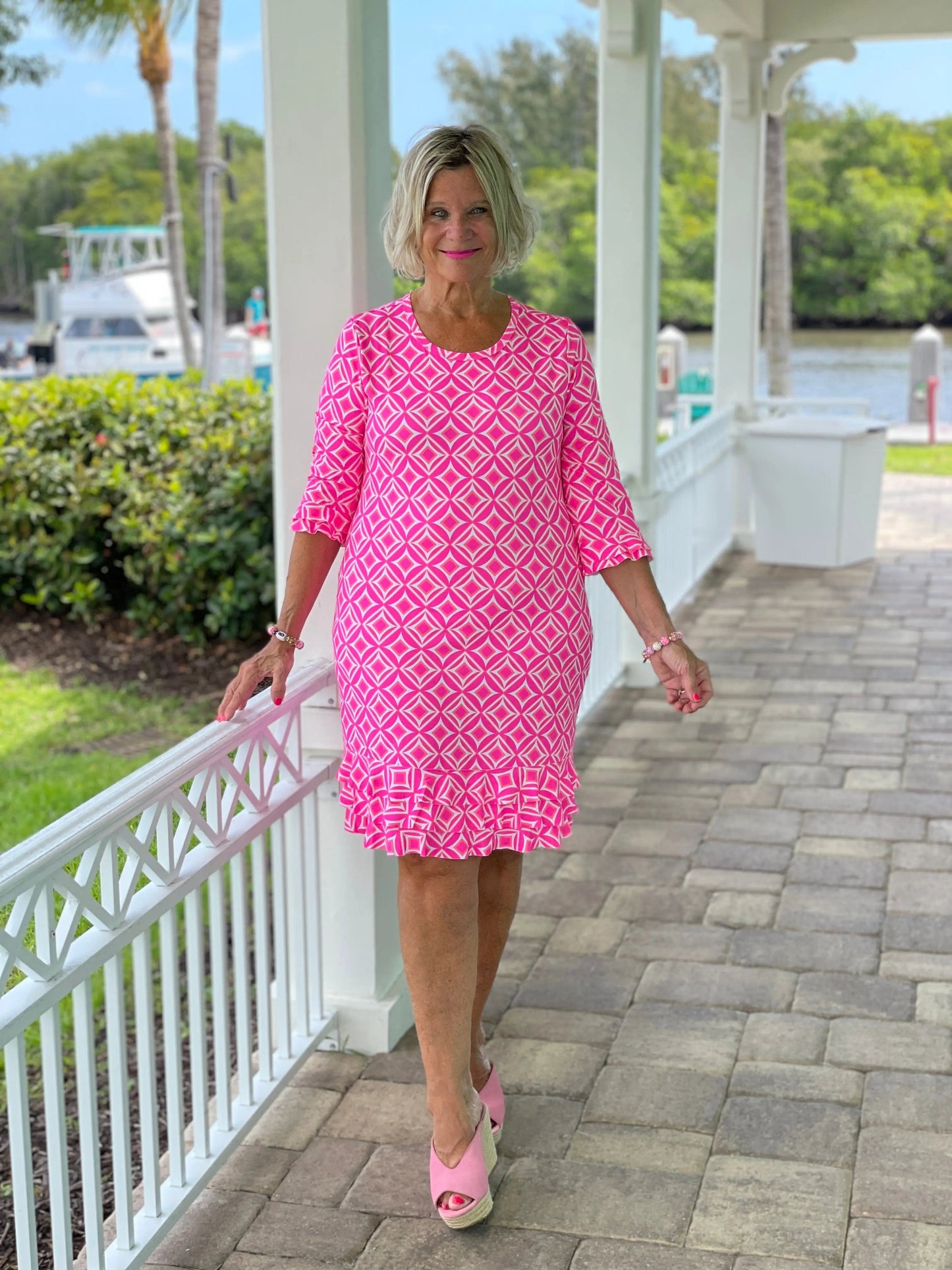 PINK DIAMOND SLEEVE RUFFLE DRESS