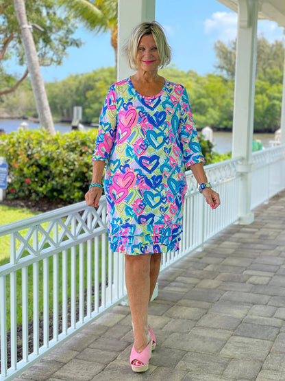 SECRET LOVE HEARTS RUFFLE SLEEVE DRESS