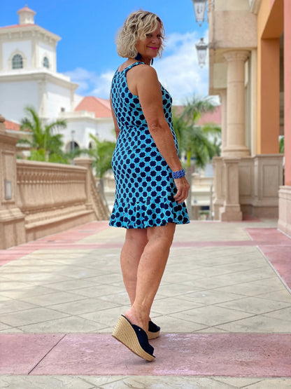 SEASIDE BLUE HALTER RUFFLE DRESS