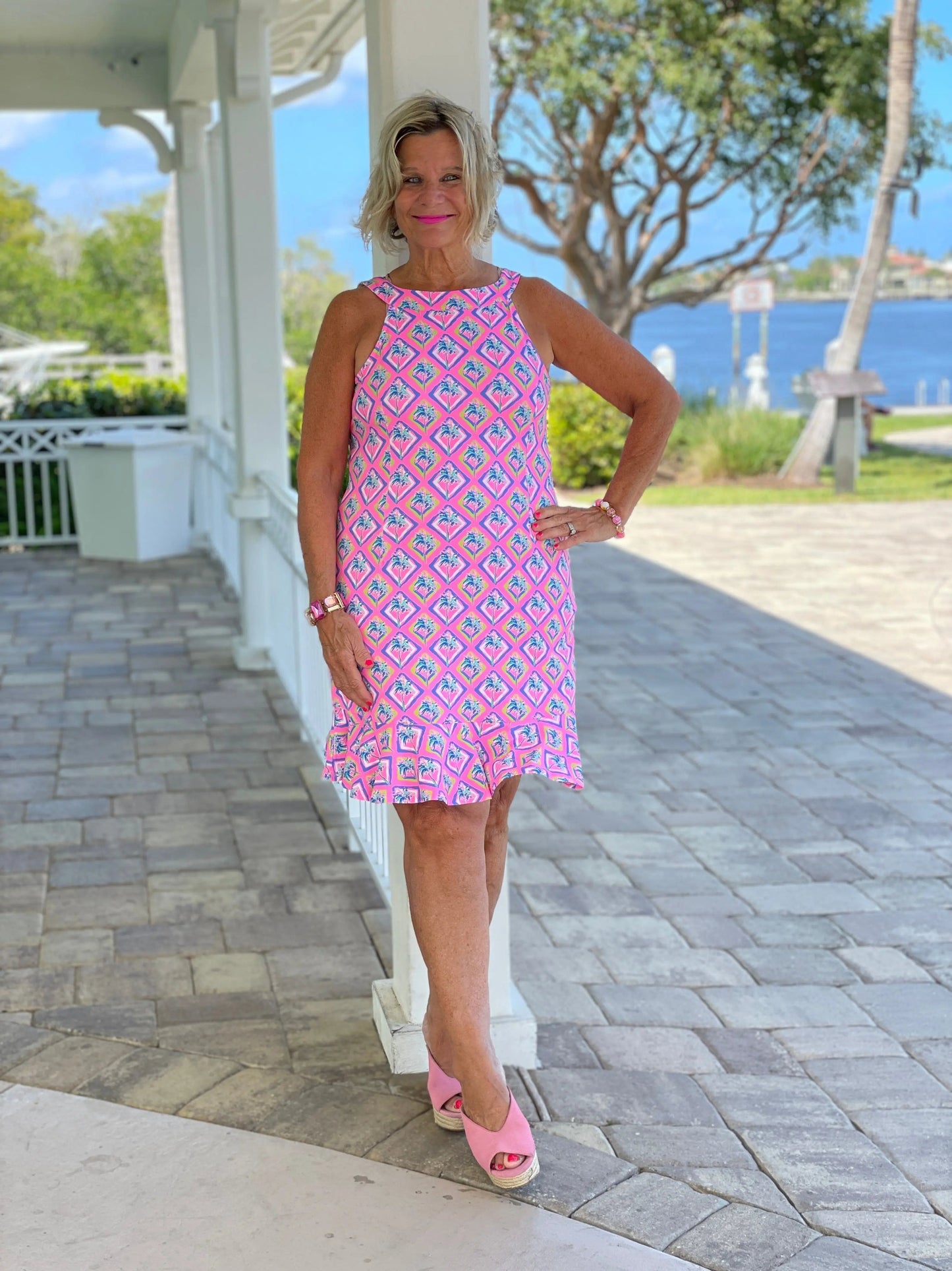 PALM TREE SIESTA HALTER RUFFLE DRESS