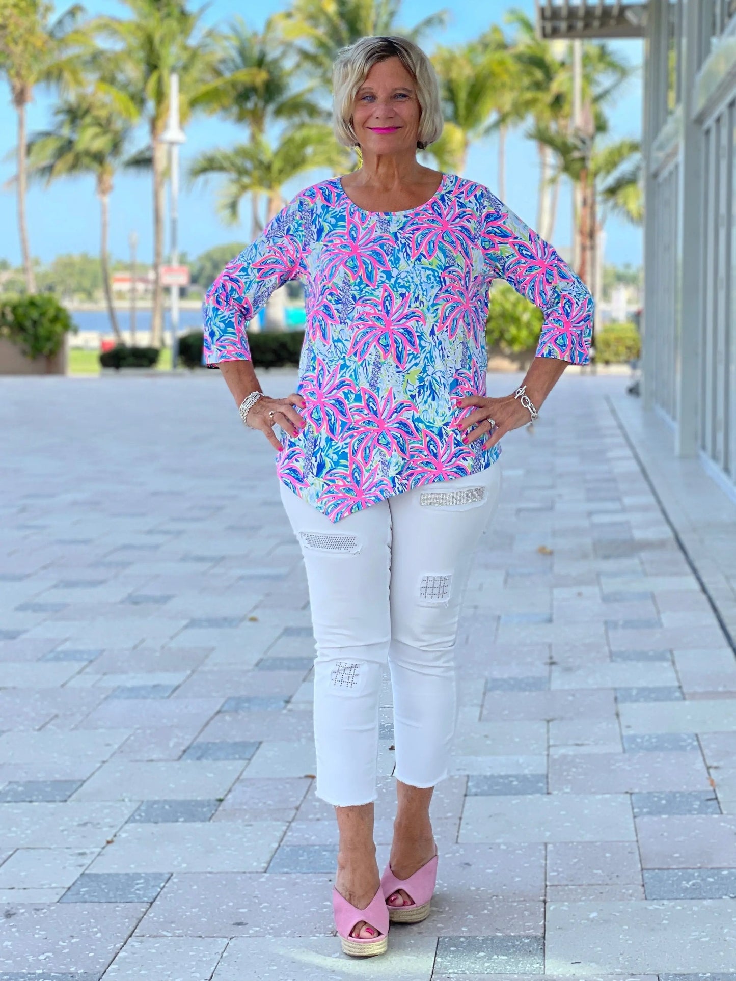 PINK PALM TREE ASYMMETRIC TOP