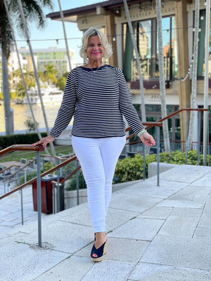 NAVY STRIPE BOATNECK SWEATER