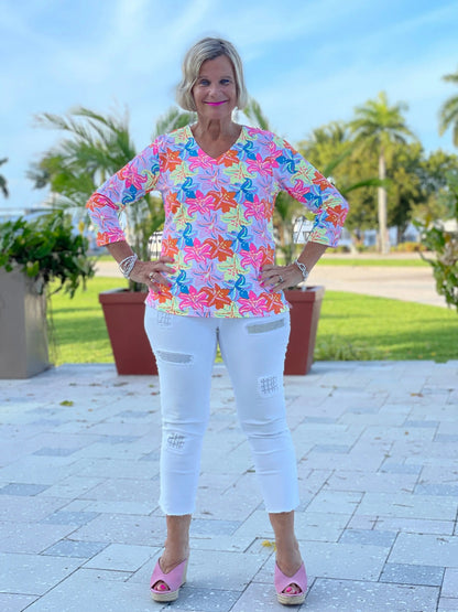 PALM BEACH FLOWER V NECK TOP