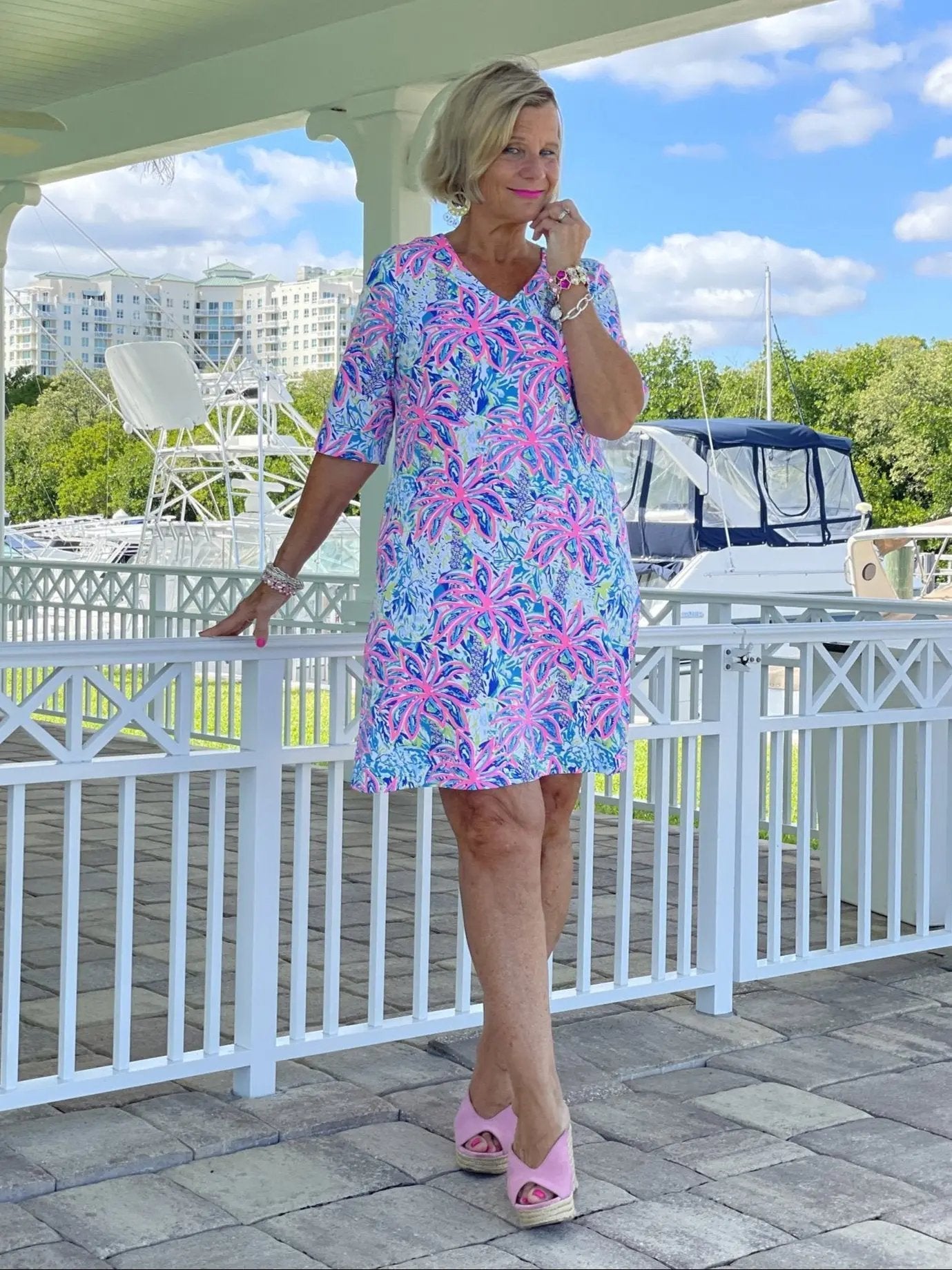 PINK PALM TREE ELBOW SLEEVE DRESS