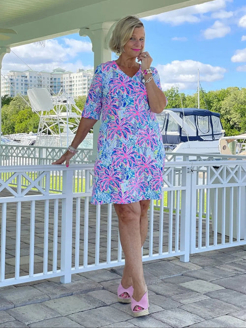 PINK PALM TREE ELBOW SLEEVE DRESS