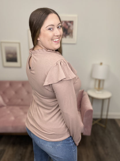 Ruffle Women's Ribbed Long Sleeve Top