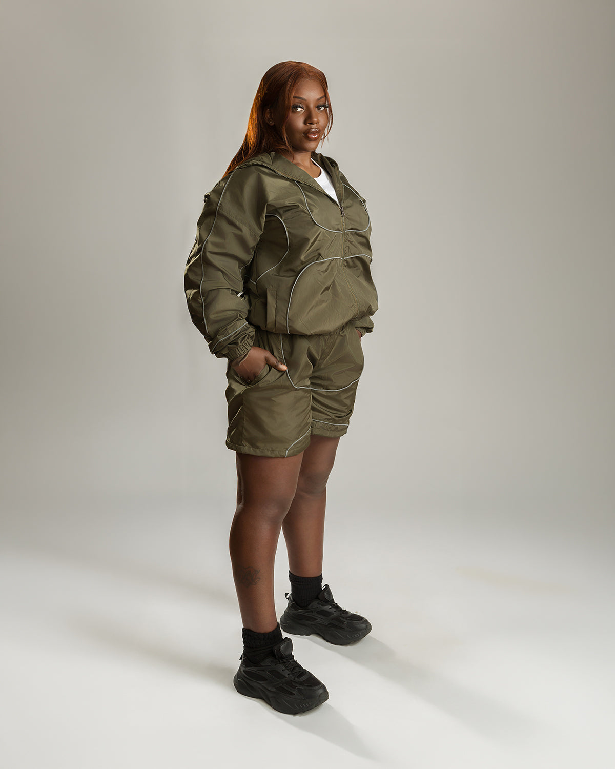 Reflective Windbreaker Jacket and Shorts Set Olive Green