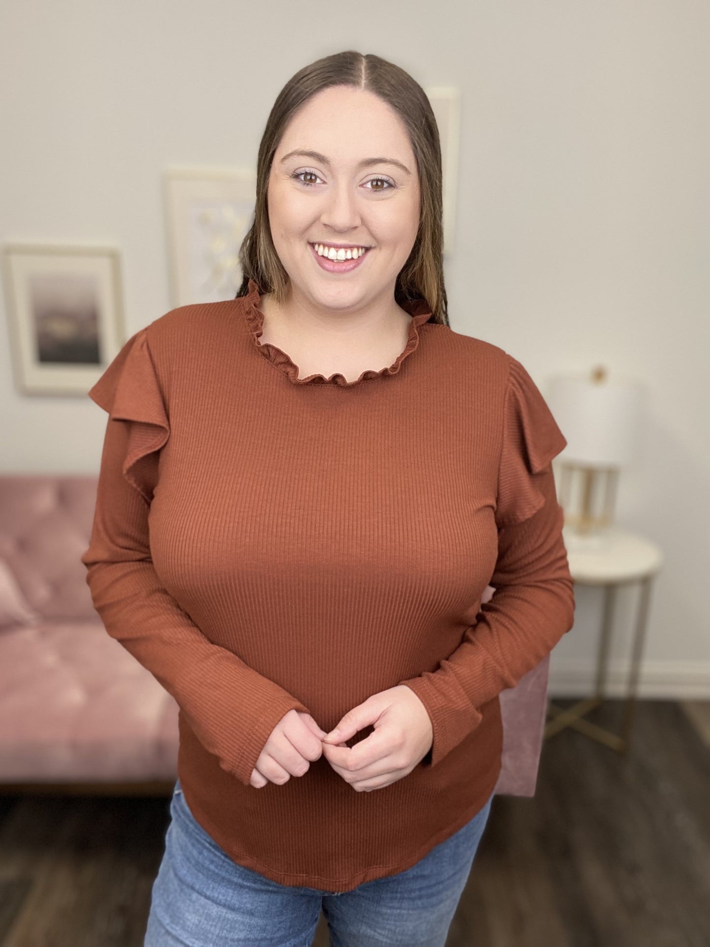 Ruffle Women's Ribbed Long Sleeve Top